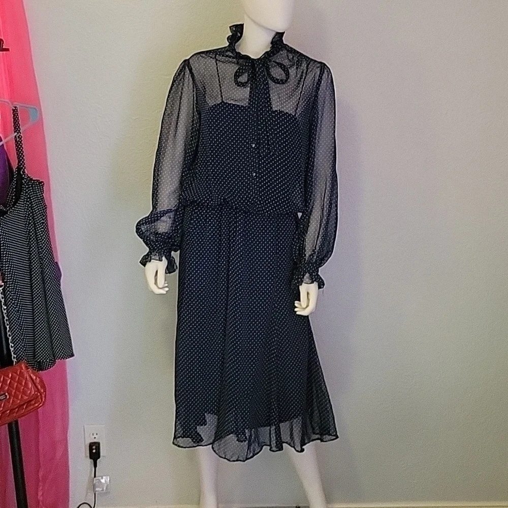 VTG AJ BARI Navy Pin Dot Chiffon Blouson Ruffle Bow Tie Castlecore Shirt Dress - Picture 3 of 10